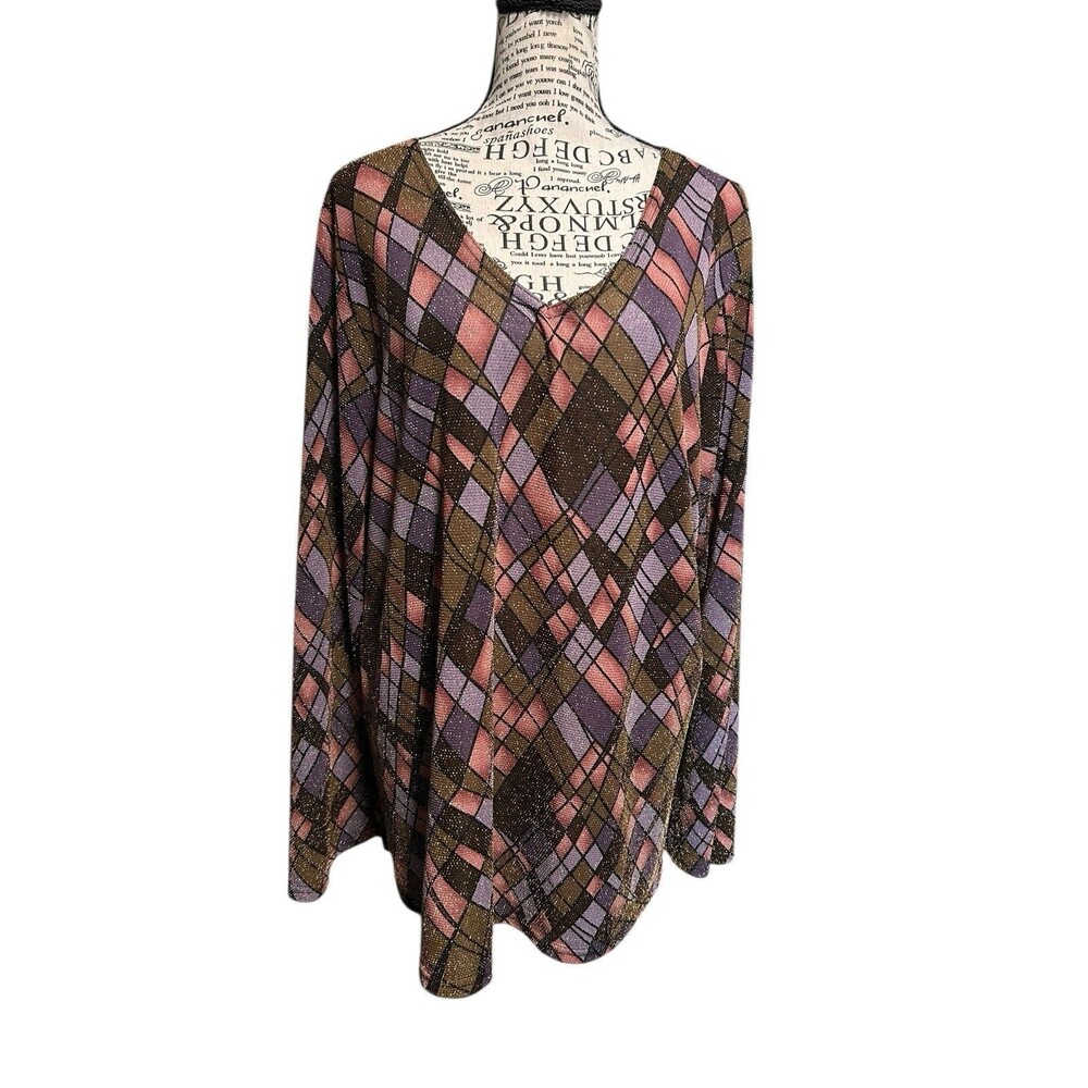Ninety VINTAGE Womens top size 2X argyle diamond Gold Bling long sleeve